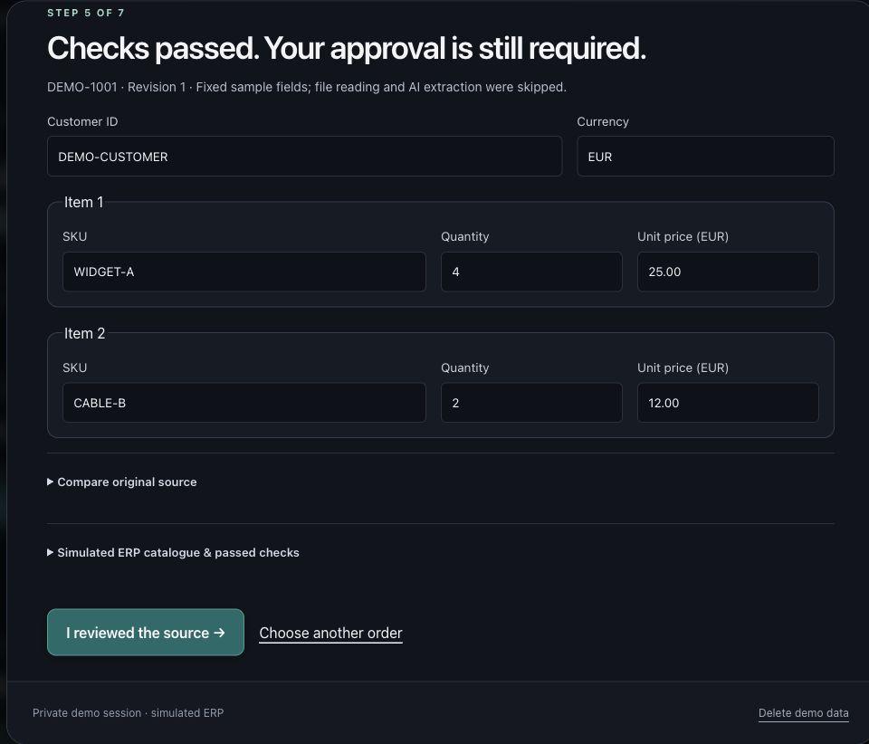 Actual demo review screen showing customer, currency, two editable order items, source comparison and an explicit review button
